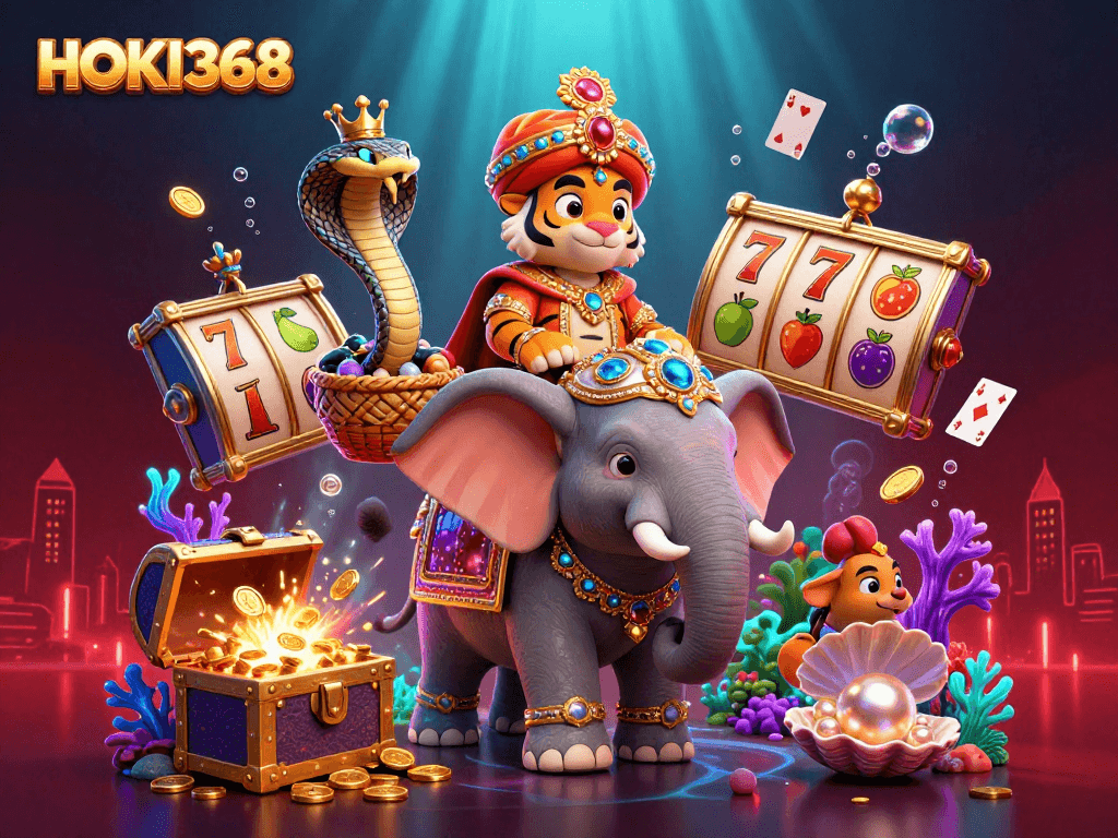 Experience thrilling moments at HOKI368 with an exciting 3D casino scene featuring vibrant slot elements.