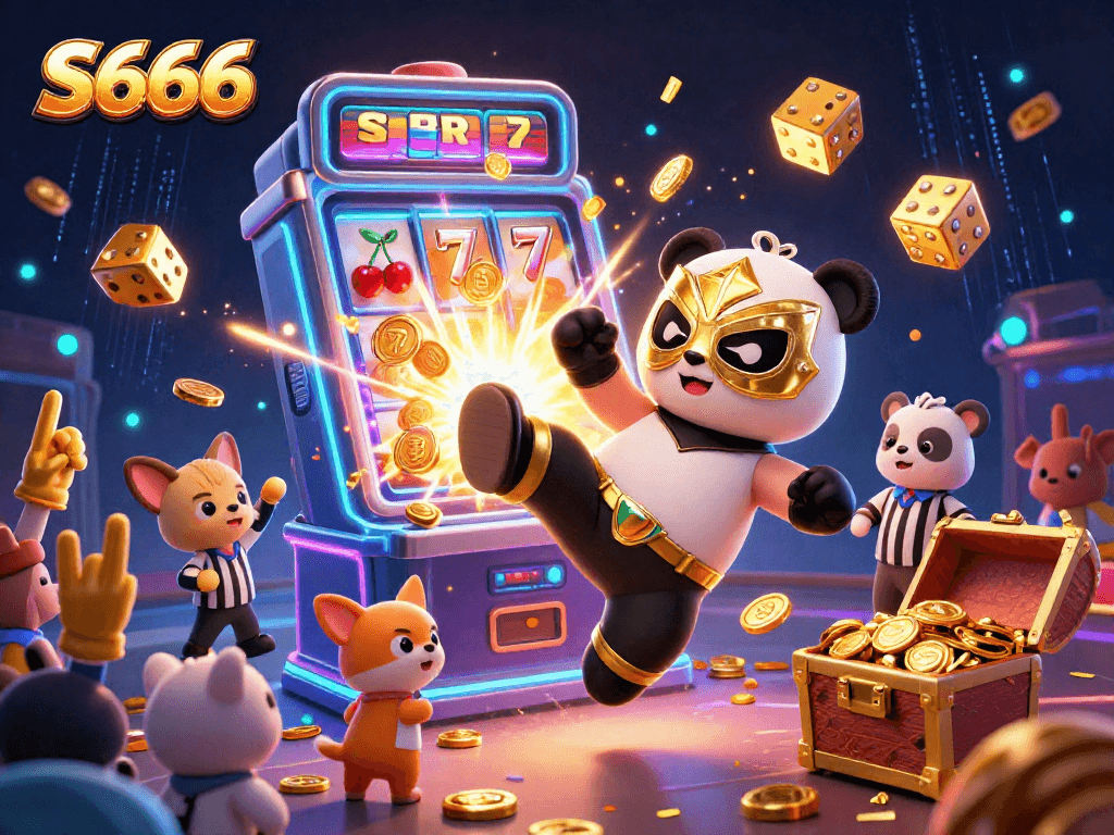 S666 players enjoying exciting casino games with a lively illustration featuring a panda wrestler and jackpot symbols.