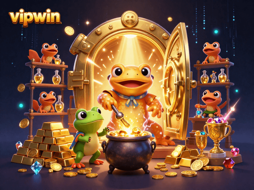 Engage with vipwin in a vibrant 3D scene showcasing gold coins and casino elements.