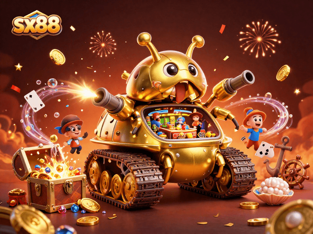SX88 players enjoy a vibrant casino experience in a dynamic golden tank setting