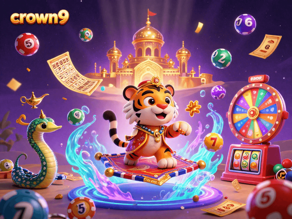 Experience the excitement of crown9 with vibrant casino-themed 3D illustration featuring dynamic characters and gaming elements.