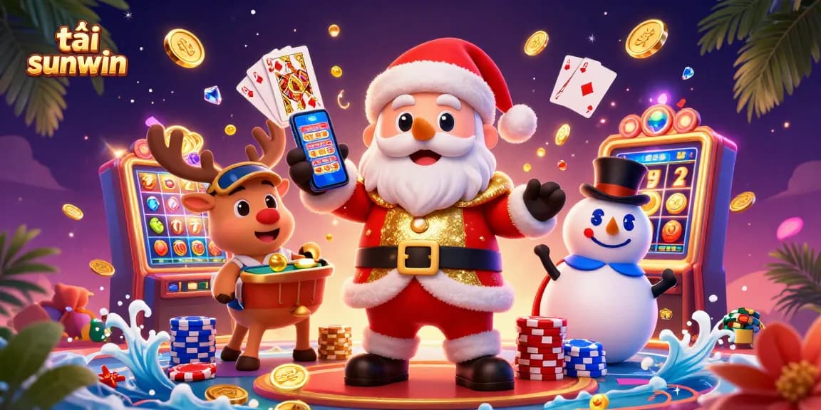 Play exciting games while tải sunwin with Santa Claus and friends in a vibrant casino illustration.