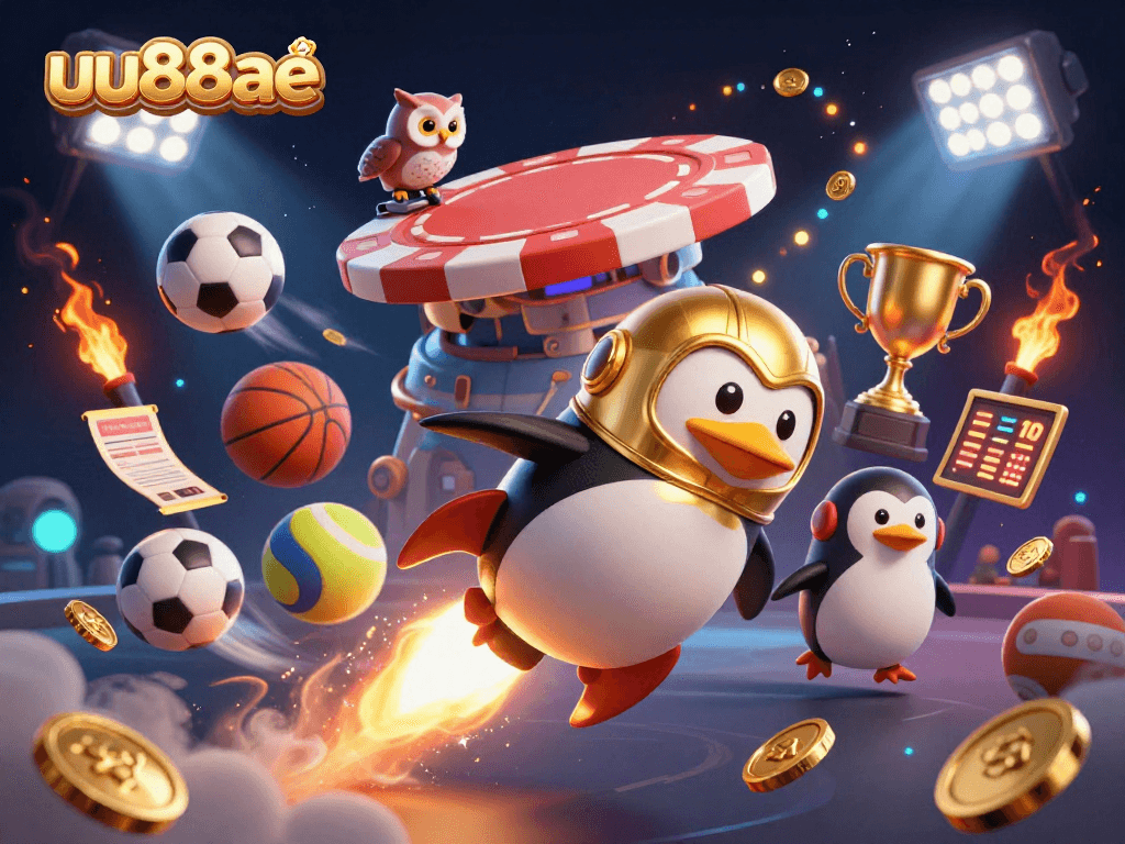uu88ae showcases an exhilarating experience with a golden penguin racing toward a vibrant casino station.