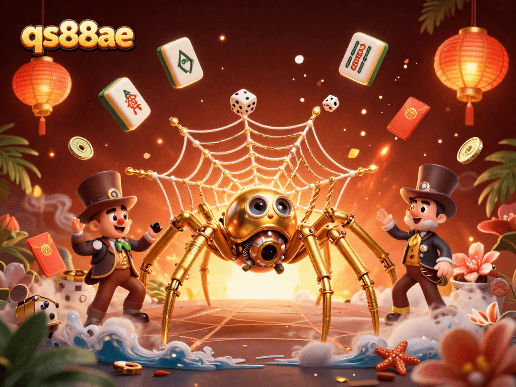Experience thrilling gameplay at qs88ae with a dynamic casino-themed scene featuring a golden spider and gaming elements.