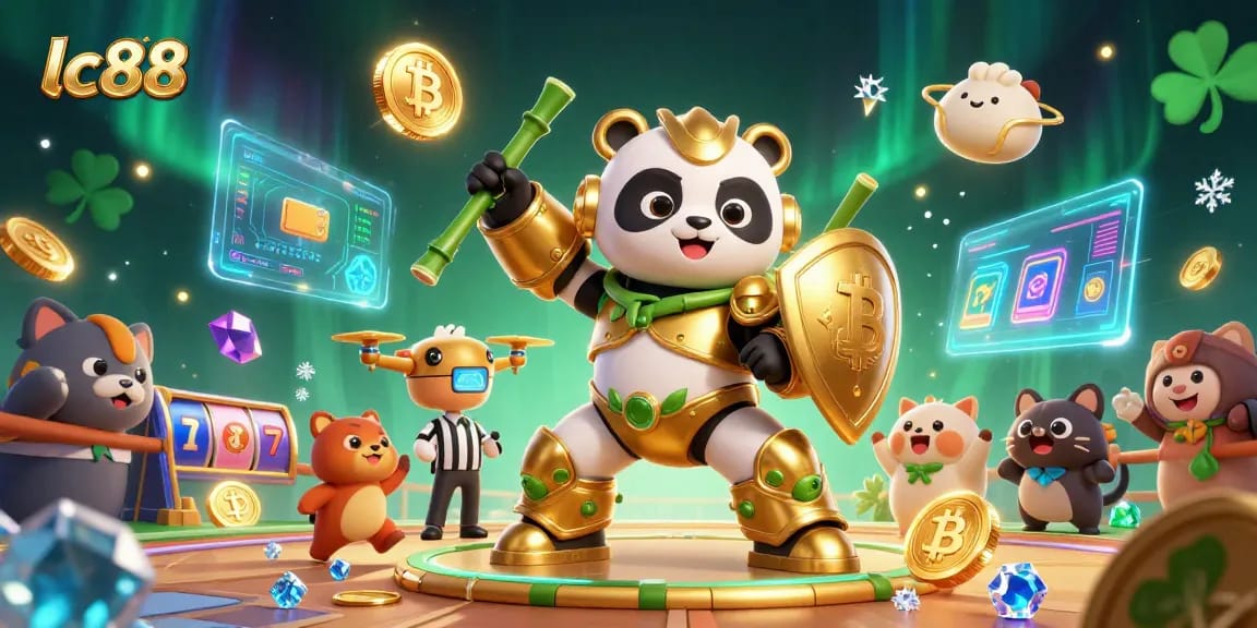 Play exciting games at lc88 with a golden mech panda in a vibrant casino arena
