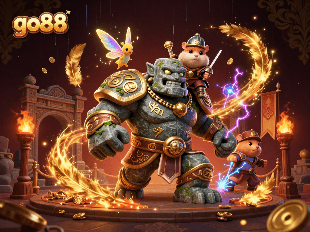 Experience the magic of go88 as the stone golem guardian comes to life in an exciting casino scene!