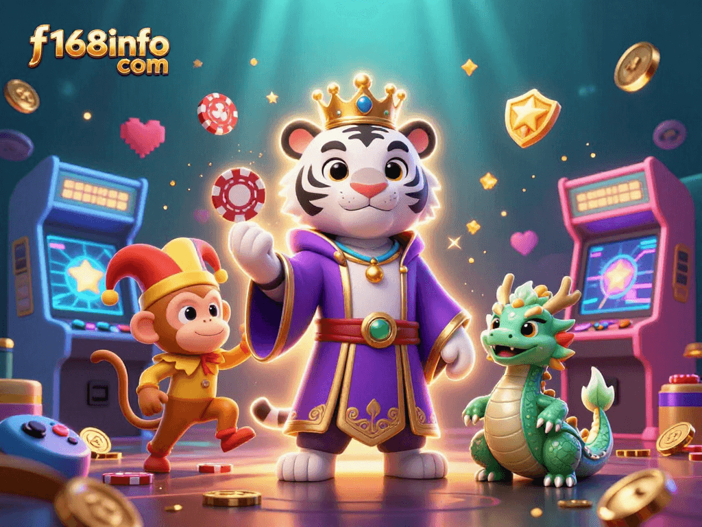 Spin to win with f168info com in this vibrant, dynamic casino illustration featuring animated characters and gaming elements.