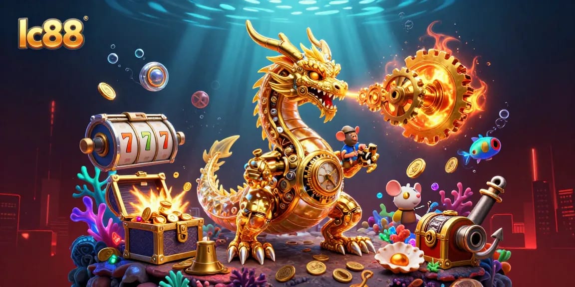 Engage in thrilling adventures at lc88 with a golden dragon breathing gears amidst treasures and casino elements.