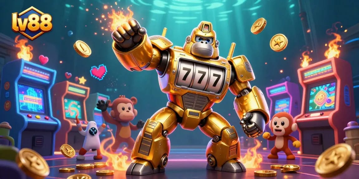 Experience the thrill at lv88 with an exciting golden gorilla mech and vibrant casino-themed elements exploding with fun!