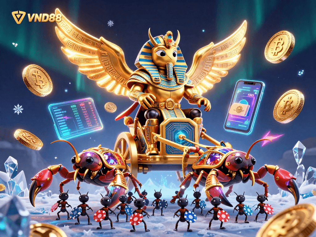 Engage in thrilling gameplay with VND88, featuring a majestic scarab beetle and crypto elements amid dynamic casino action.