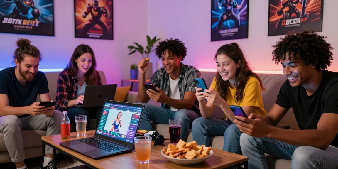 Friends enjoying free sex games on multiple devices in a cozy gaming setup.