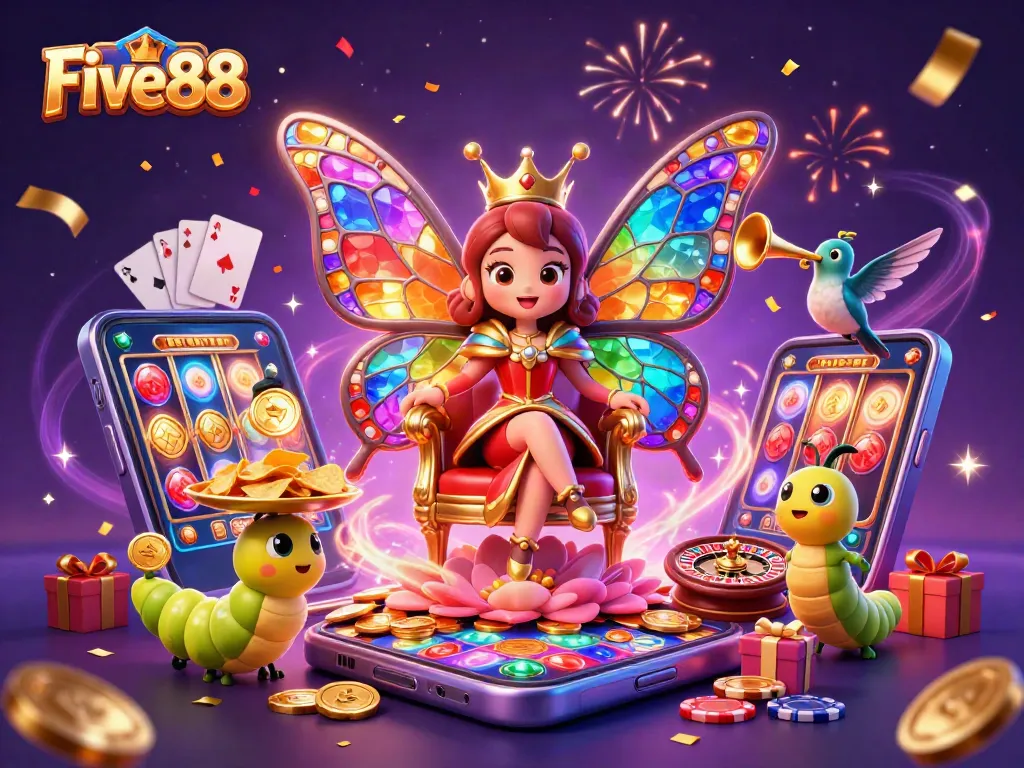 Engage with Five88's vibrant world of gaming, featuring a dynamic casino illustration with a butterfly queen.