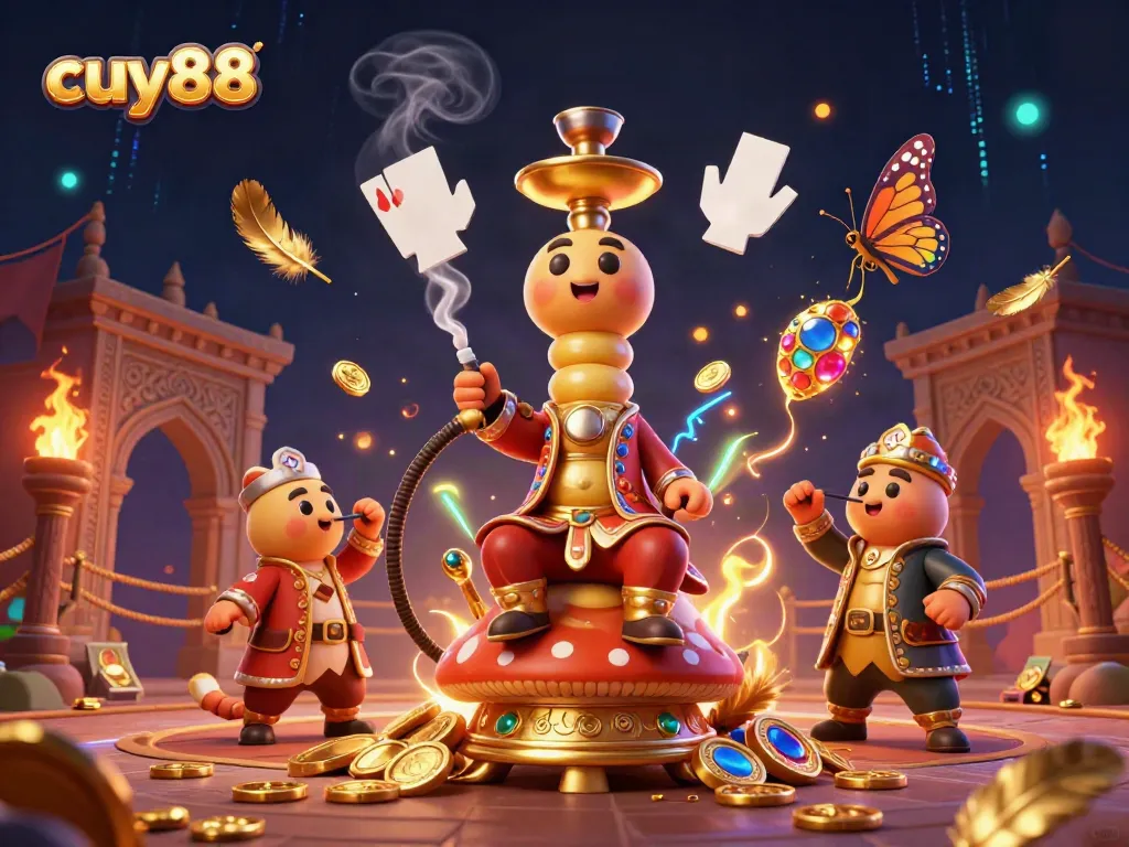 Cuy88 brings excitement alive with a whimsical scene of an impressive caterpillar hookah-master in a casino setting.