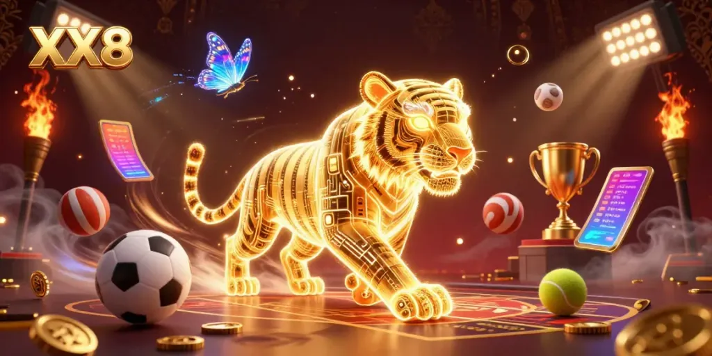 Experience the excitement of XX8 with dynamic sports elements and a dazzling golden tiger in this vibrant casino scene.