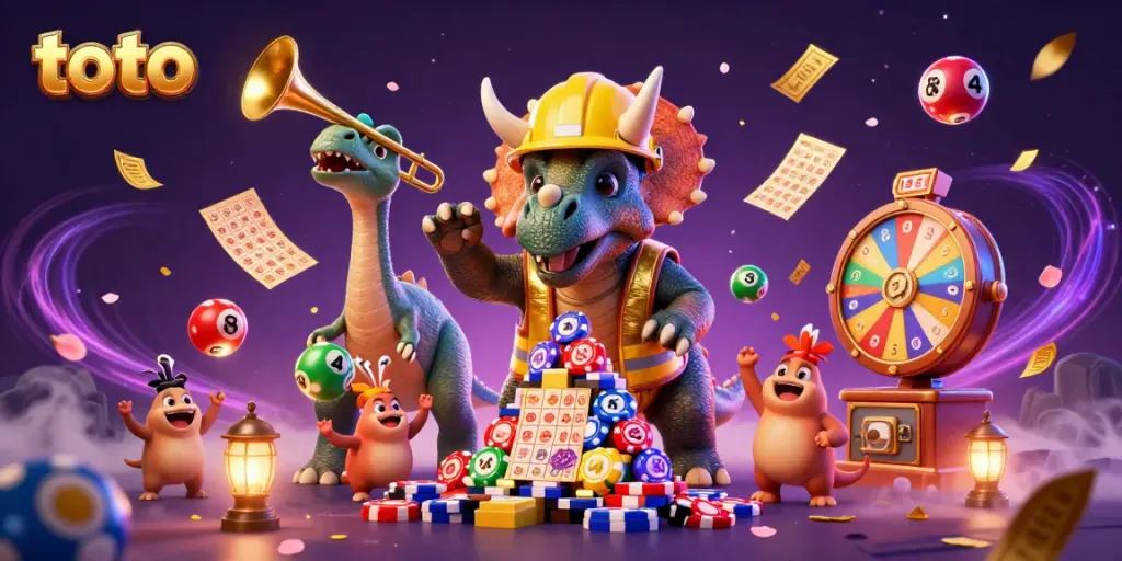 Merayakan pengalaman bermain toto dengan karakter triceratops yang membangun piramida chip poker di latar kasino.