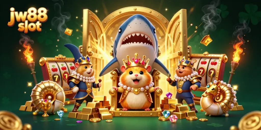 Engage with jw88 slot in a vibrant, rich 3D illustration showcasing a golden hamster king with treasure.