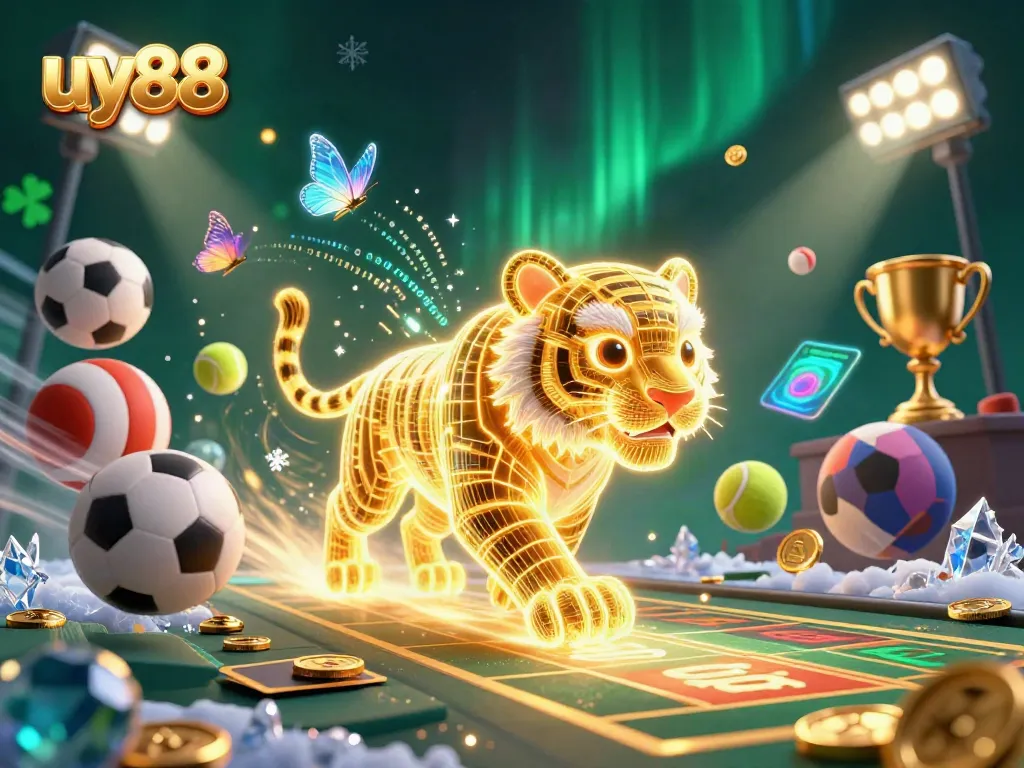 Experience the thrill of uy88 in a vibrant digital casino landscape with a golden tiger and sports elements.