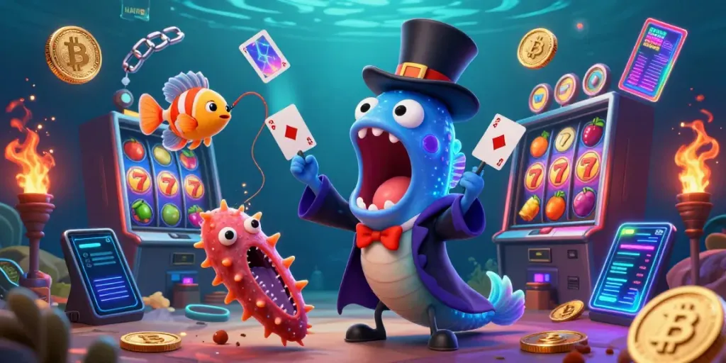 Engage with Link HAY88's vibrant casino world featuring deep-sea creatures performing magical tricks around slot elements.