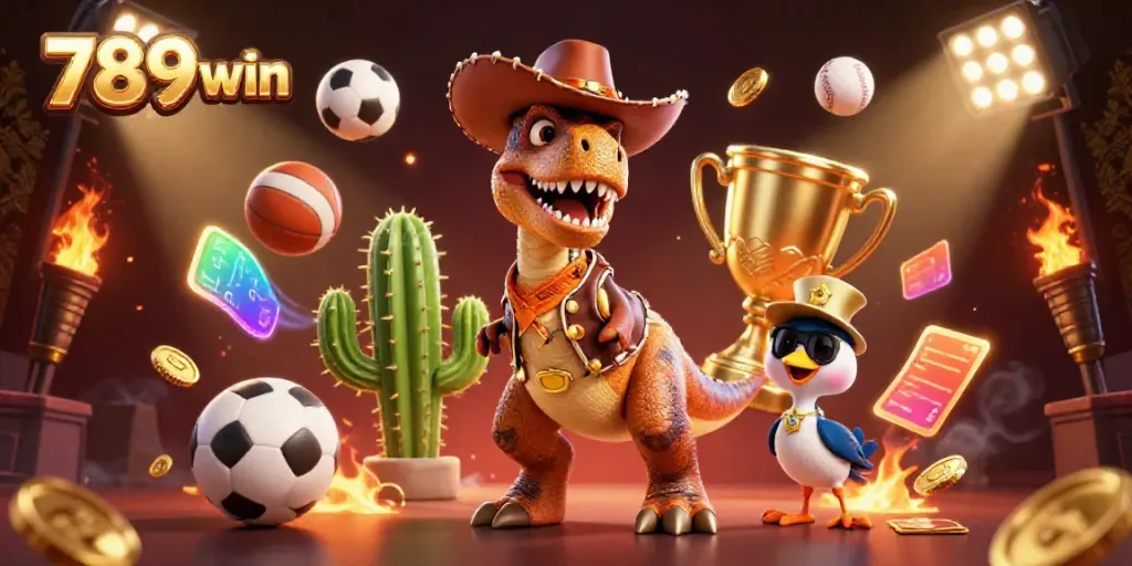 Join the fun with 789win, where a cowboy dinosaur leads the vibrant sports betting action!