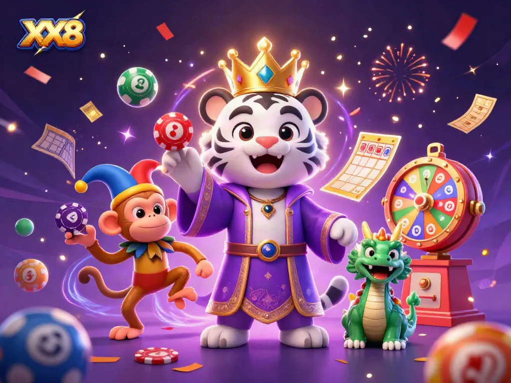 Experience the thrill of XX8 with a lively illustration of a royal tiger, jester monkey, and magical dragon surrounded by vibrant gaming elements.