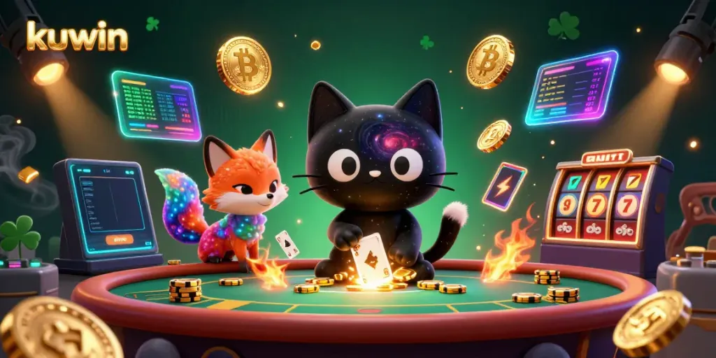 Engage with kuwin's cosmic casino adventure featuring a black hole cat and colorful nebula fox.