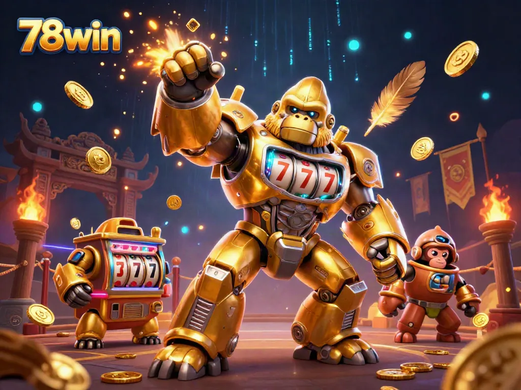 Experience thrilling moments with 78win in a vibrant online casino scene featuring a golden gorilla mech.