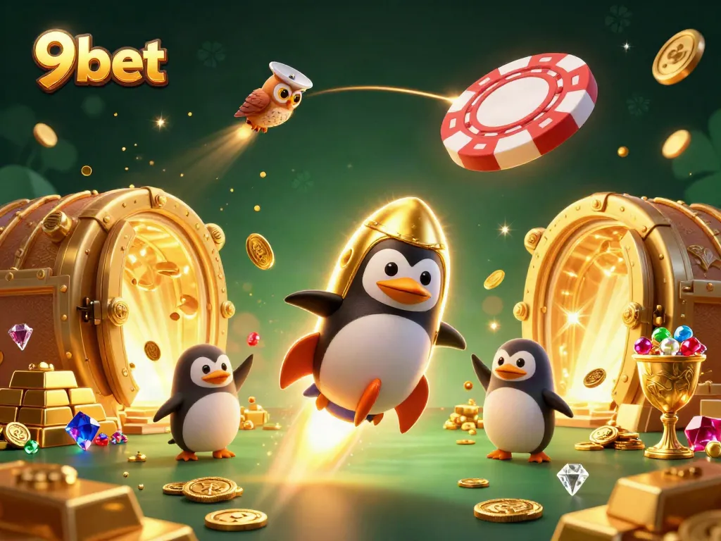 Join the adventure with 9bet’s golden penguin and treasure in this vibrant casino scene.