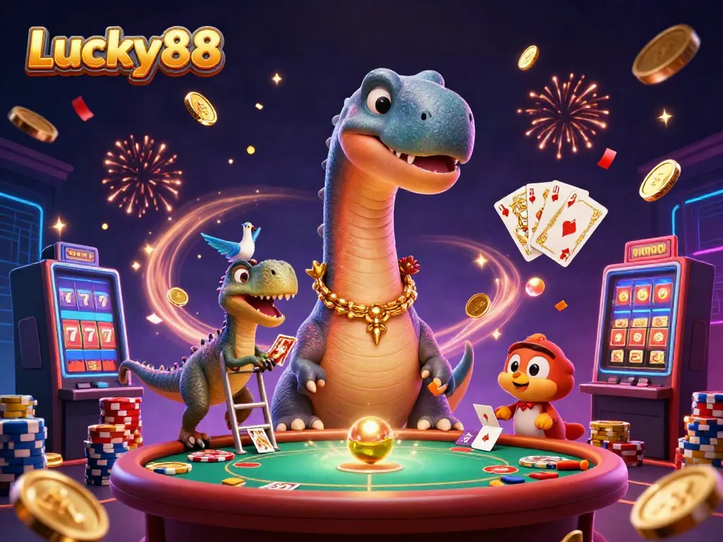 Experience the excitement of Lucky88 casino with vibrant characters and games in a lively 3D scene.