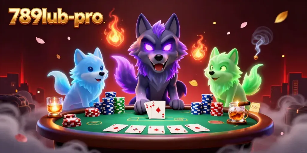 Engage in exciting poker action with the 789lub-pro shadow wolf leader amidst vibrant casino elements.