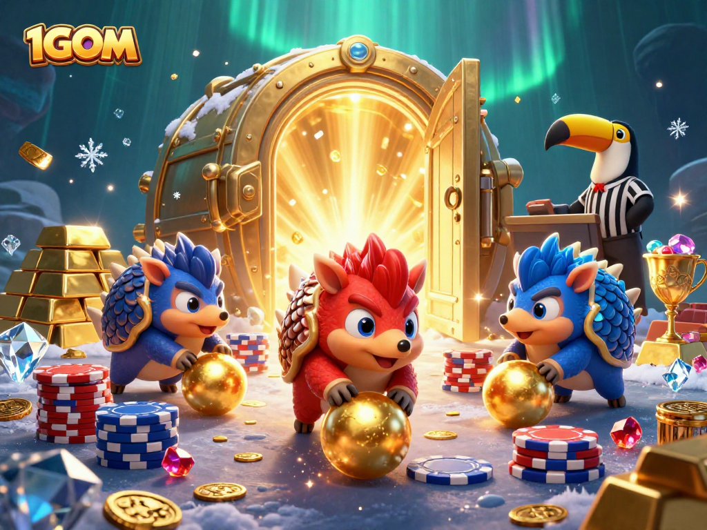 1GOM cartoon pangolins roll through poker chips in a vibrant casino-themed illustration.