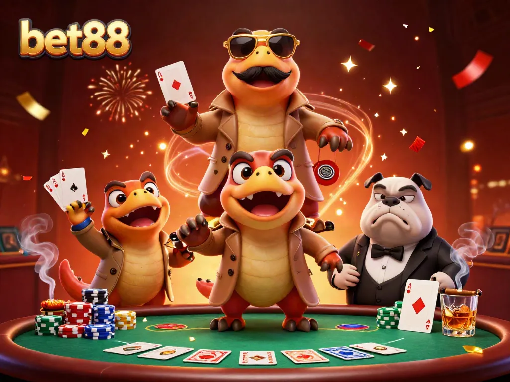 Engage in thrilling poker action with bet88 as cartoon raptors cleverly sneak into a VIP casino lounge.