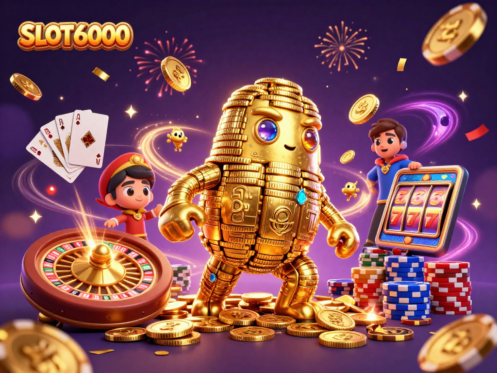 Experience the excitement of SLOT6000 with a vibrant casino scene featuring golden coins and slot symbols.