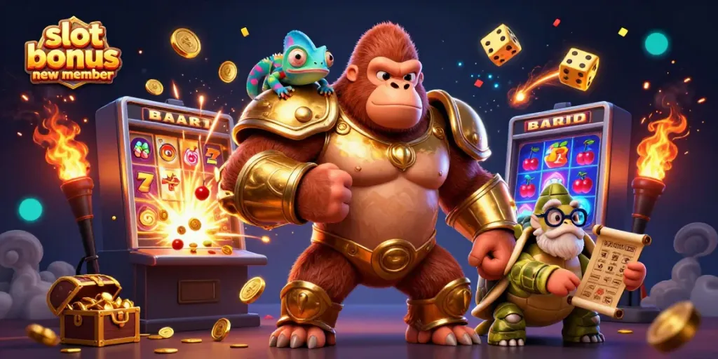Exciting slot bonus new member scene with a gorilla king and colorful casino elements