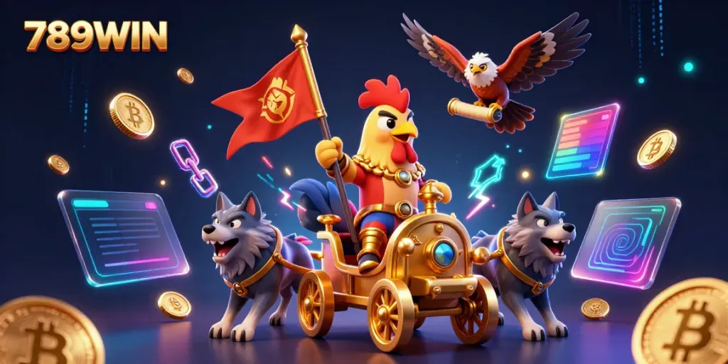 Experience the excitement of gaming at 789WIN with a rooster warlord leading the action in a vibrant 3D casino scene.