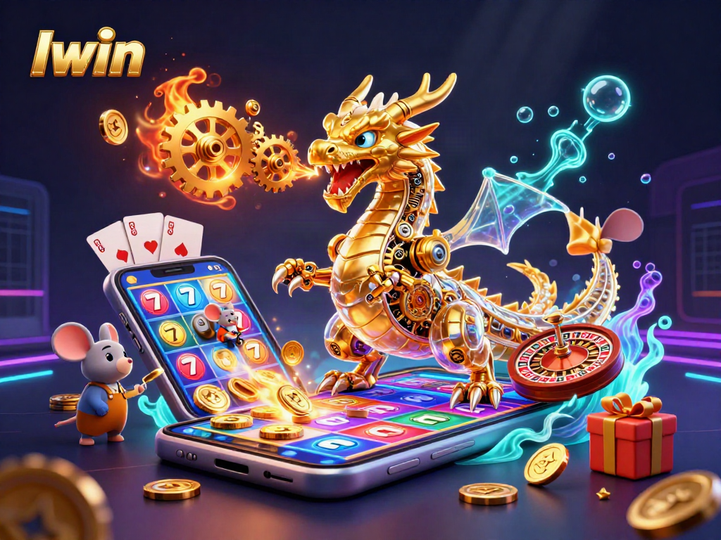 Iwin slot machine excitement with a dragon, coins, and thrilling game elements.