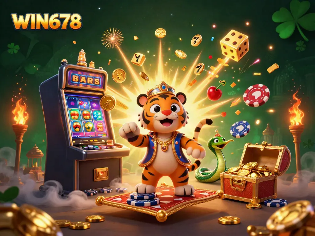 Experience the excitement of WIN678 with a vibrant casino-themed illustration featuring dynamic characters, jackpots, and game elements.
