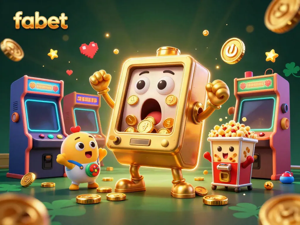 Experience fabet's thrilling gameplay as the golden slot machine wins a jackpot while surrounded by cheering machines.