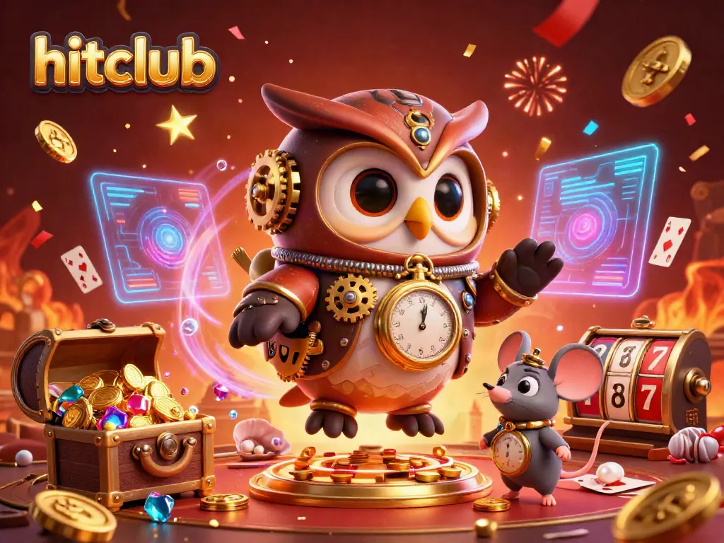 Experience the excitement of hitclub with a vibrant 3D casino scene featuring a time-traveling owl.