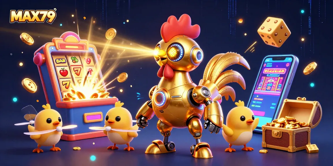 Join the excitement at MAX79 with our golden rooster robot celebrating casino wins!