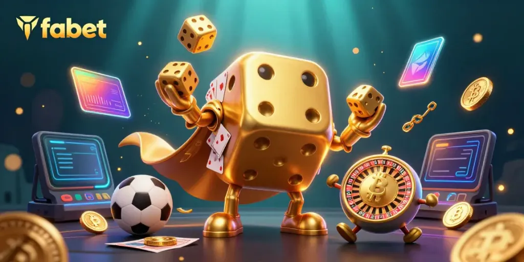Engage with fabet's vibrant casino world, featuring a golden dice golem and dynamic sports elements.