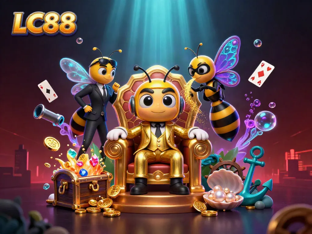 Engage with the vibrant LC88 casino experience showcasing a cartoon mob boss surrounded by treasure and game elements.
