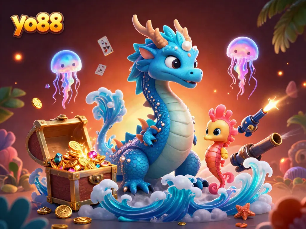 Experience thrilling adventures with yo88's captivating 3D casino illustration featuring vibrant sea creatures.