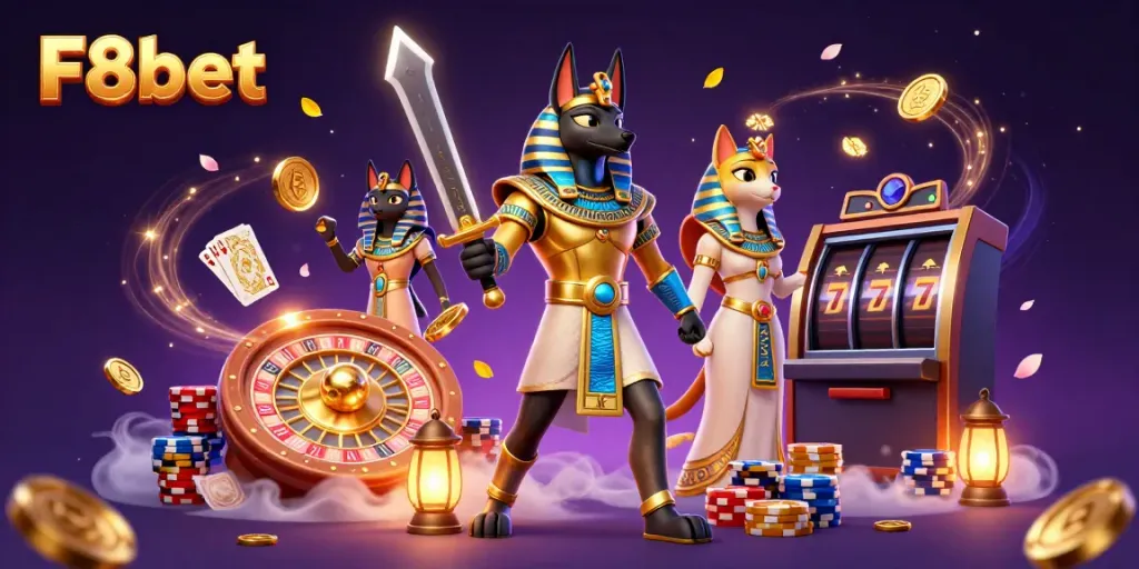 Join the action at F8bet with Anubis and Bastet surrounded by dazzling casino elements.