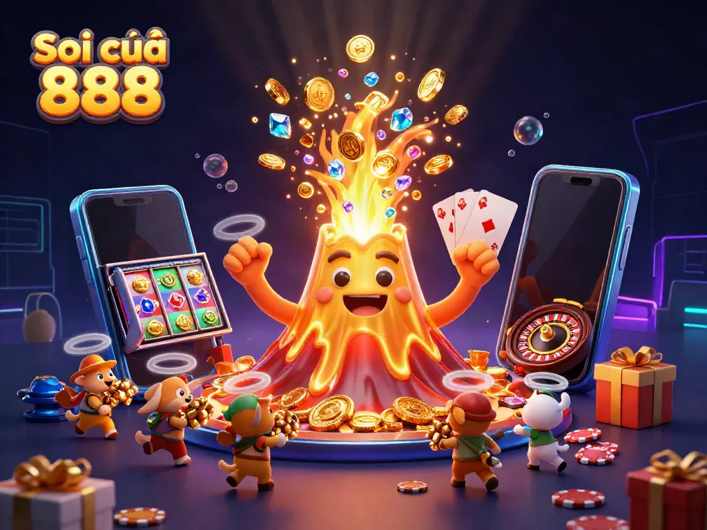 Soi cầu 888 eruption scene with golden volcano, sparkling coins, and gaming elements.