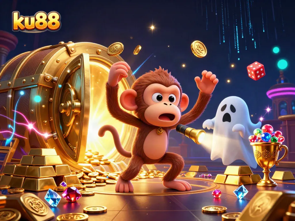 ku88 showcases a fun casino scene with a mischievous monkey juggling coins and chips amidst golden treasures.