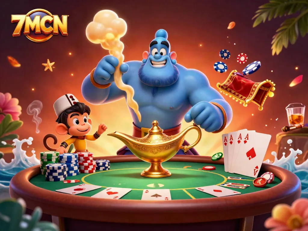 Engage with thrilling 7MCN gameplay, featuring a dynamic casino scene filled with poker action.