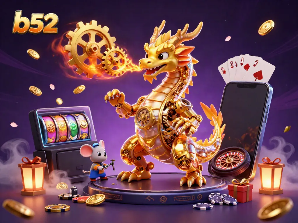Engage in thrilling b52 gaming with cartoon dragon and vibrant slot elements in an enchanted casino.