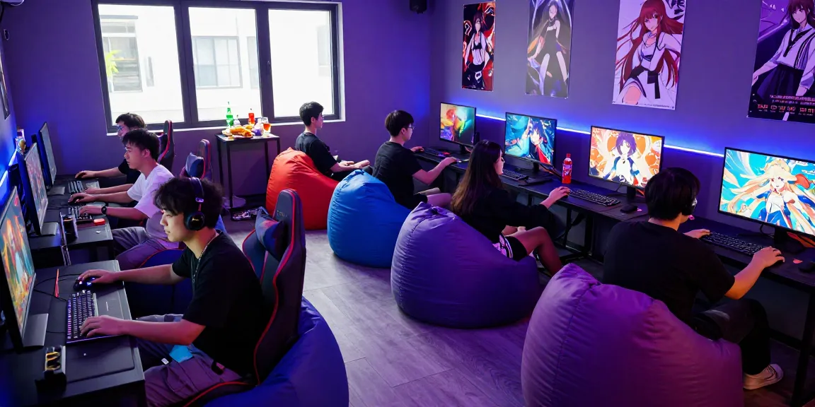 Group playing hentai games in vibrant gaming lounge filled with anime graphics and neon lights.