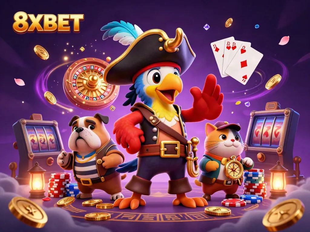 Experience thrilling gameplay with 8XBET in this vibrant, dynamic casino scene filled with excitement.