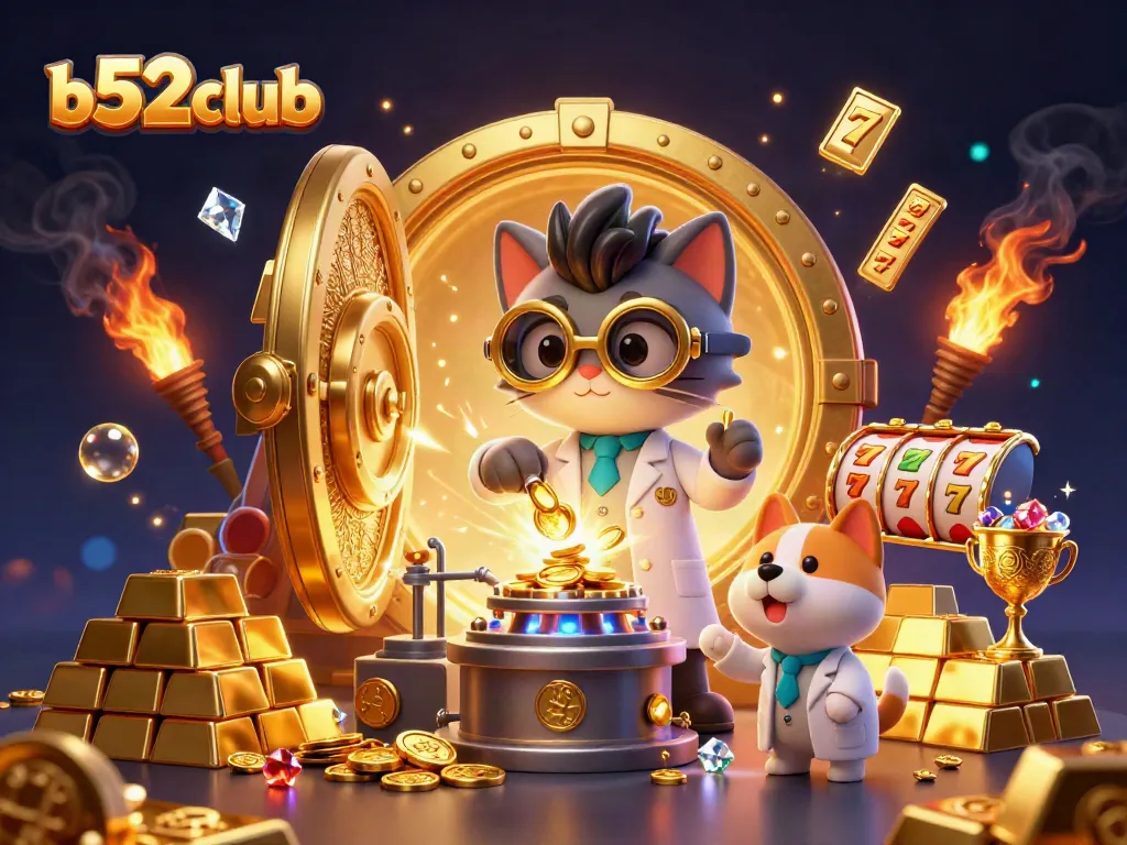Engage with b52club's vibrant gaming scene, featuring a cartoon lab full of slot machine excitement.